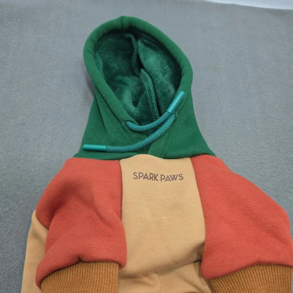 Spark Paws Dog Hoodie Colorblock Green Orange Tan Fleece Lined NWT J